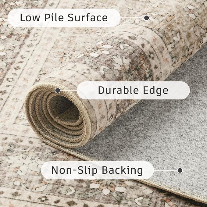 DCX Beige and Taupe 8x10 Rug, Kid & Pet Friendly with Rubber Back Non Slip, Machine Washable Stain Resistant Vintage Traditional Distressed Carpet, Rug for Living Room, Bedroom, Neutral Home Decor