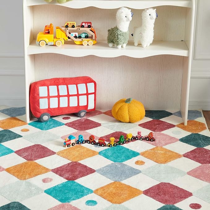 jinchan Macy 3x5 Area Rug for Kids Room Modern Colorful Checkered Diamond Nursery Rug Indoor Washable Soft Non Slip Carpet for Playroom Classroom Bedroom Dorm Daycare Living Room Confetti on Cream
