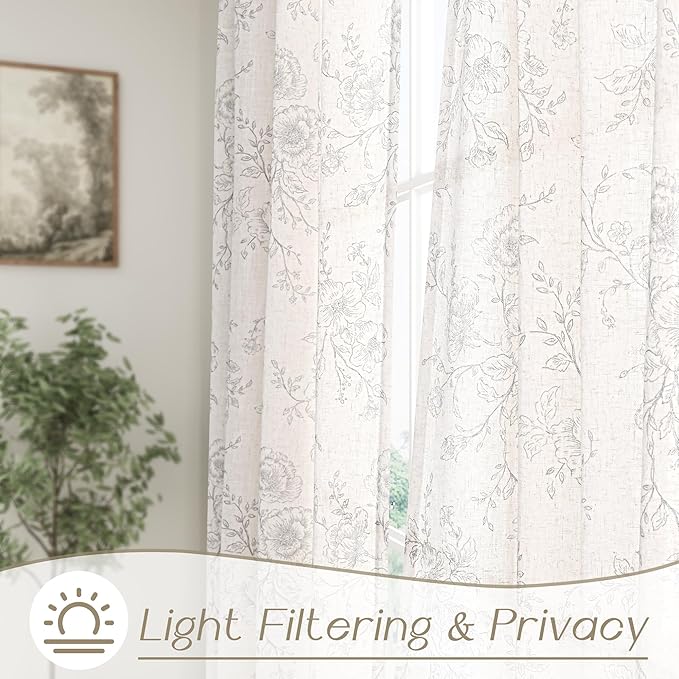 Vintage Floral Curtains - 100 Inch Long Grey Patterned Sketch Print Burlap Textured Farmhouse Country Shabby Chic Back Tab Linen Floral Drapes for Bedroom