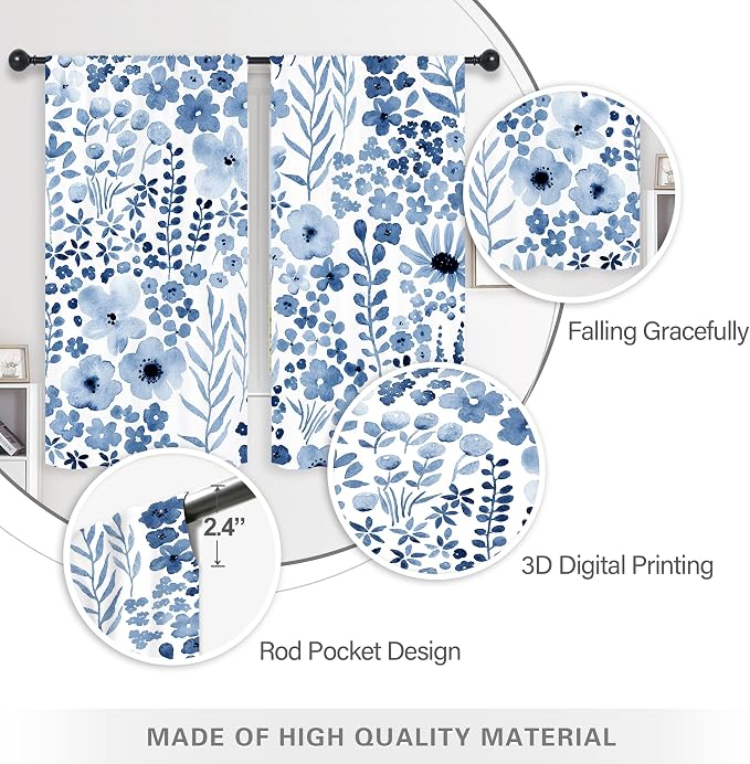 Riyidecor Navy Blue Floral Curtains Wildflower Watercolor Flower Rustic Leaves Boho Cute Botanical Plant Spring Nature Rod Pocket Modern Bedroom Living Room Treatment Fabric 2 Panels 42Wx63H Inch