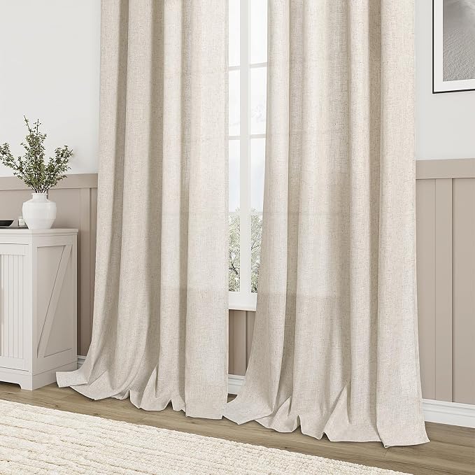 Aersas Beige Linen Textured Curtains 72 Inches Long for Living Room 2 Panel Set Back Tab Rod Pocket Semi Sheer Luxury Curtains Pleat Boho Window Curtain Decor for Dining Room Bedroom 52x72