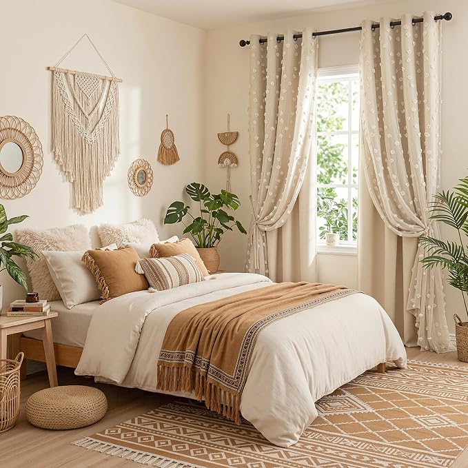 MYSKY HOME Beige Curtains for Bedroom 90 Inches Long Living Room Curtain with Beige Pom Pom Sheer for Dining Room Grommet Double Layer Nursery Curtain Toddler Room Darkening Window Drapes 52 Wide