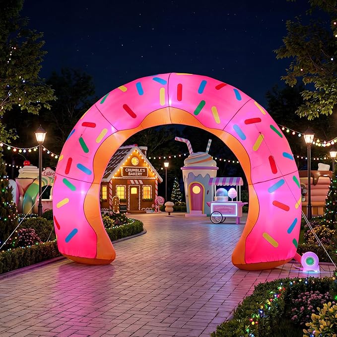 Jenaai 8ft Giant Donut Inflatable Arch Blow up Doughnut Inflatable Outdoor Yard Decorations with Built in LED Lights Outdoor Birthday Party Baby Shower Holiday Decor for Garden Lawn