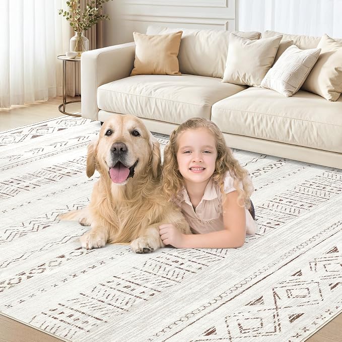 cotiled 7x10 Area Rugs Living Room Rug: Washable Boho Rugs with Non Slip Backing Large Soft Indoor Stain Resistant Carpet for Bedroom Farmhouse Dining Room Lightweight Home Decor L Brown/Cream