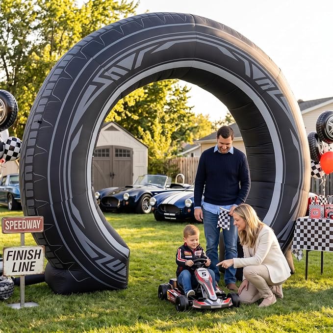 Seenelling 9 ft Racing Car Theme Giant Inflatable Archway Decoration Black Tire Design Arch Built-in LED Lights for Car Shows Party Events Photography Indoor Outdoor Supplies