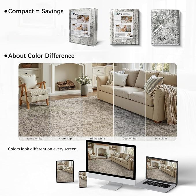 DCX Washable 6x9, Kid & Pet Friendly with Rubber Back Non Slip, Stain Resistant Vintage Rug for Living Room, Bedroom, Home Office, Soft Low Pile Large Farmhouse Distressed Carpet, Greige