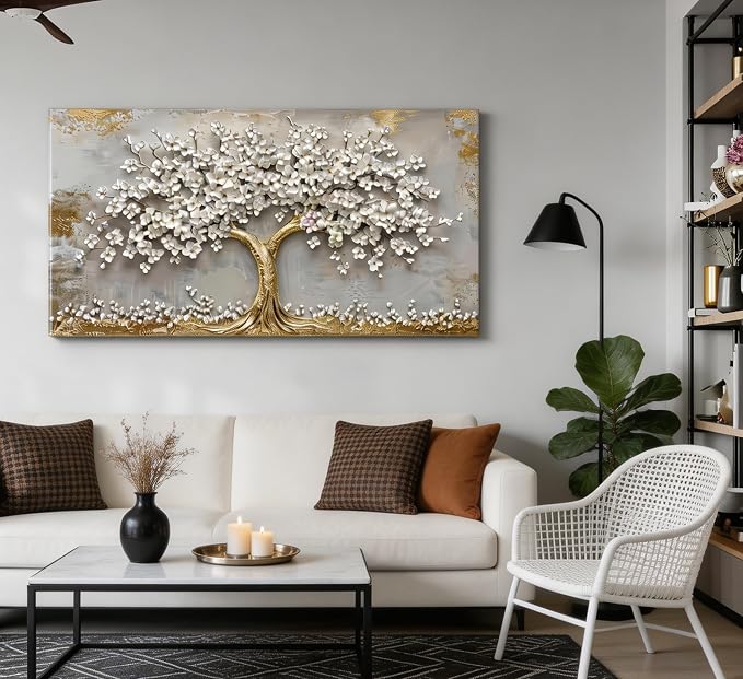 Large Tree of Life Canvas Wall Art Gold and White Flower Big Tree Painting Picture Wall Decor Botanical Floral Poster Print Artwork for Living Room Dining Bedroom