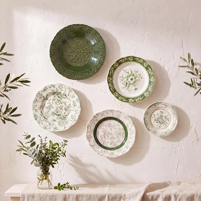 Yiyiring 5 Pcs Coastal Vintage Ceramic Wall Plates Set, Green Decoration Hanging Plates with Botanical Patterns, Holland Vintage Gifts for Wall, Home Office Art Ornament(Emerald)