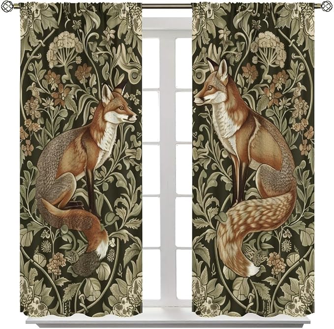 William Morris Blackout Curtains, Rustic Forest Fox Flower Botanical Art Rustic Window Drapes, for Bedroom Living Room 63" W X 72" L