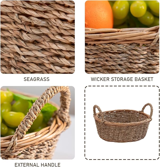 Natural Wicker & Seagrass Woven Storage Baskets Set of 3, Oval Handled Willow Baskets, Rattan Nesting Bins for Kitchen, Living Room, Bathroom & Pantry Organization