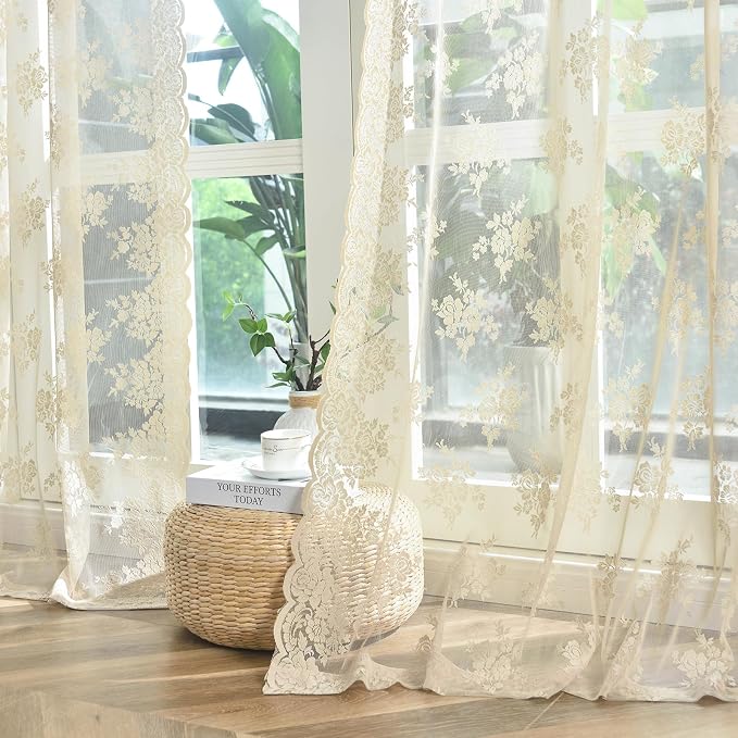 Kotile Beige Sheer Curtains 54 Inch Length 2 Panels, Country Rustic Floral Retro Beige Sheer Lace Curtains for Bedroom, Rod Pocket Light Filtering Privacy Cream Window Curtain Panels, 52 x 54 Inch
