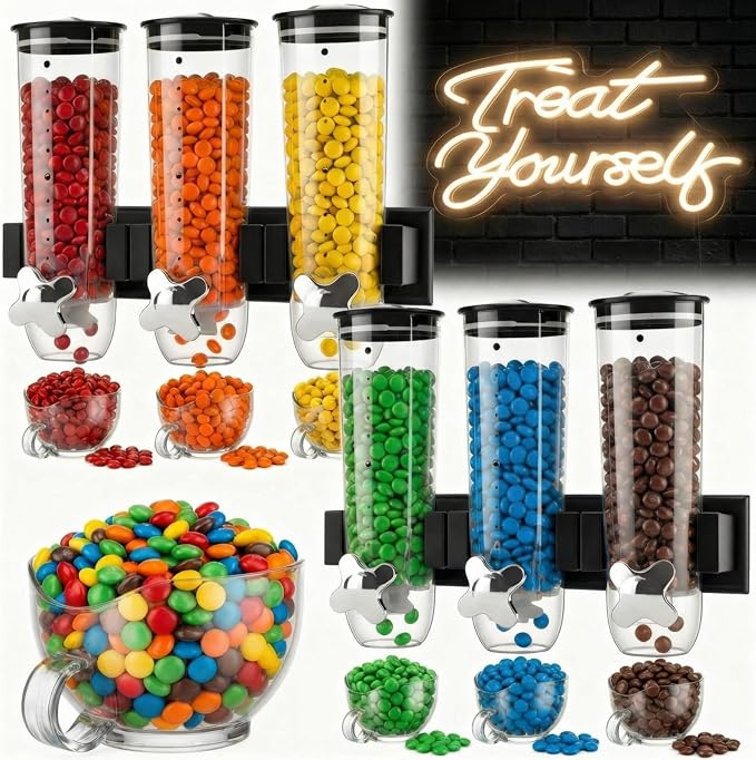 Lounsweer 6 Pcs Wall Candy Dispenser with 1pcs Treat Yourself Neon Signs 9 L Machine Grain Dispenser Neon Snack Sign Wall Mount for Home Kitchen Food Store Birthday Gift Party Decor