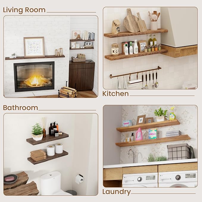 Floating Shelves for Wall, 8" Deep Rustic Solid Elm Wood Floating Shelves Wall Mounted, Wall Shelves with Invisible Bracket for Living Room Bedroom Bathroom Kitchen, 15.7 Inch Set of 2, Natural