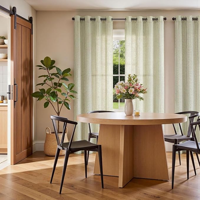 jinchan Linen Curtains 108 inch Sage Green Stripe on Beige Grommet 2 Panels | Curtains for Living Room Bedroom,Ticking Stripe Pattern,Pinstripe Farmhouse Rustic,Window Treatment,Light Filtering