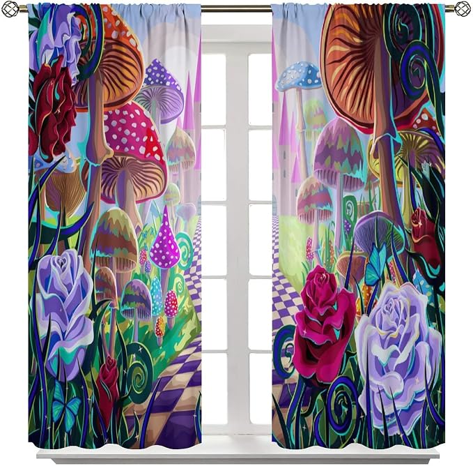Fantasy Mushroom Curtains,Fairytale Forest Plant Castle Print Window Treatments for Bedroom Living Room Kitchen Colorful Cartoon Floral Window Drapes 2 Panels Set,Total Size63 x 63 Inch