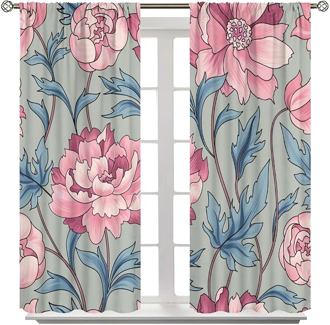 Floral Blackout Window Curtain, Flourish Ornamental Blossom Rose Style Print for Home Kitchen Livingroom Coffee Room Curtains Drapes 2 Panels 55x63in