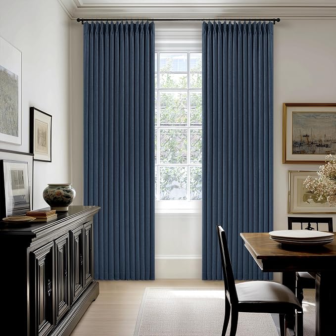Navy Blue Linen Blackout Pleated Curtains 90 Inches Long for Living Room Darkening Pinch Pleat 100% Black Out Drapes Thermal Insulated Soundproof 90 Inch Curtain Panel for Dining Bedroom