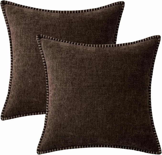 MIULEE Pack of 2 Couch Throw Pillow Covers 20x20 Inch Dark Brown Farmhouse Decorative Pillow Covers with Stitched Edge Taupe Soft Chenille Solid Dyed Pillow Covers for Sofa Bed Living Room