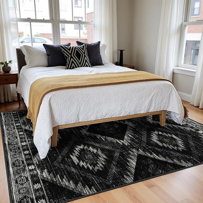 BESTSWEETIE Area Rug 10x12 Rug Machine Washable Non-Slip Low Pile Print Pattern Western Rug for Living Room Bedroom Entryway Tribal Series-Black