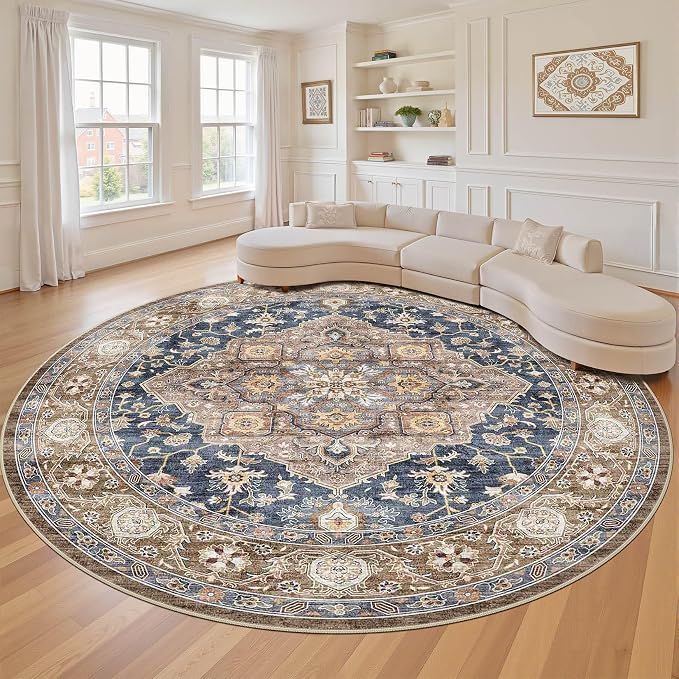 Round Rug Living Room Rugs: 7x7 Washable Boho Neutral Large Circle Soft Indoor Floral Stain Resistant Floor Farmhouse Carpet for Bedroom Nursery Kids Playroom Office Dining Room Dorm- Yellow Blue