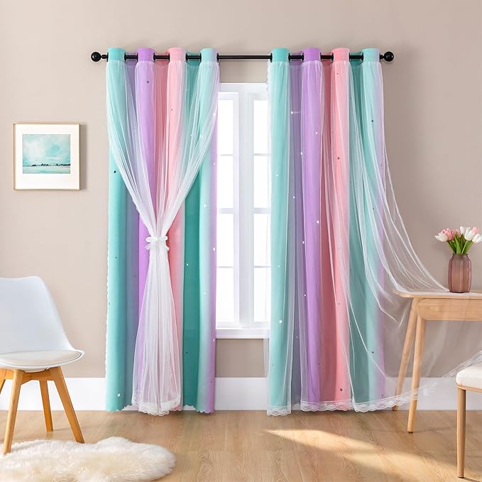 XiDi Curtains for Bedroom Decor, Kids Room Curtains for Girls Rainbow Colour, Pink Purple Green 34/120/1