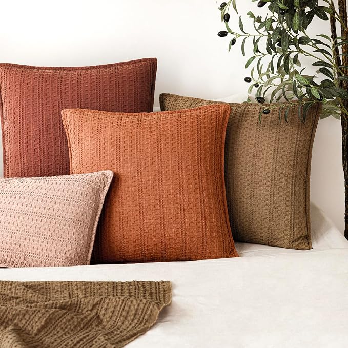 Foindtower Set of 2 Decorative Cotton Waffle Weave Throw Pillow Covers Euro Shams Cushion Covers Accent European Pillowcase for Bed Couch Sofa Bedroom Living Room Home Decor 18×18 Inch Burnt Orange