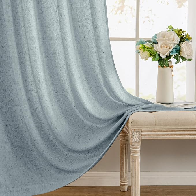 MIULEE Non-See-Through Privacy Linen Curtains 2 Panels, Light Filtering Window Curtains Farnhouse Textured Back Tab Semi Sheer Drapes for Bedroom Living Room, 52 x 96 Inches Long, Stone Blue