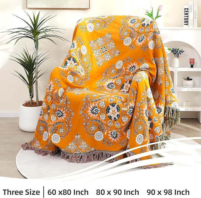 VANJOROY Boho Throw Blanket, 100% Cotton Soft Sofa Bed Queen Throw-Floral Farmhouse Decor Blanket, Reversible Bohemian Yellow Throw for Chair Couch Quilt and Gift, 80" x 90"