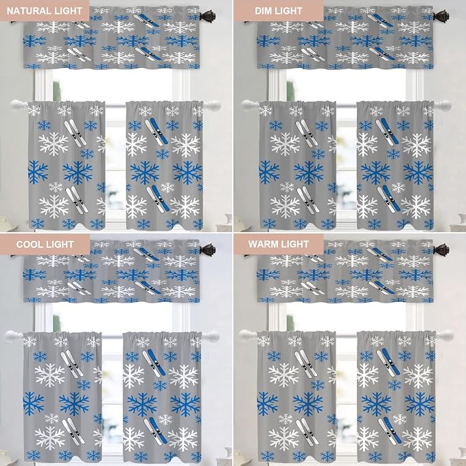 Shrahala Snowflakes Skis Blackout Curtain Tiers, Winter Sports Themed Pattern Kitchen Valance Light Blocking Tier Drapes with Rod Pocket, 2 Pack 26 X 36 in