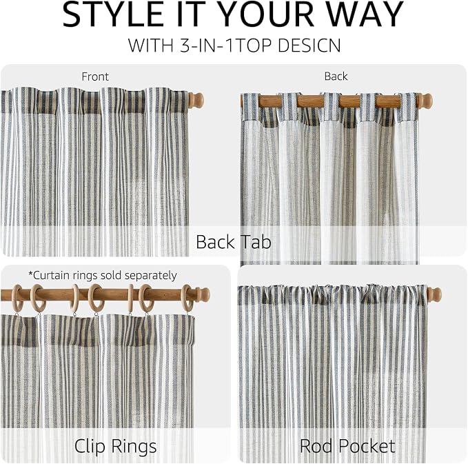 jinchan Linen Curtains 96 Inch Blue Stripe on Beige Back Tab 2 Panels | Curtains For Living Room Bedroom,Ticking Stripe, Farmhouse Cottage Core Rustic,Rod Pocket Window Treatment,Light Filtering