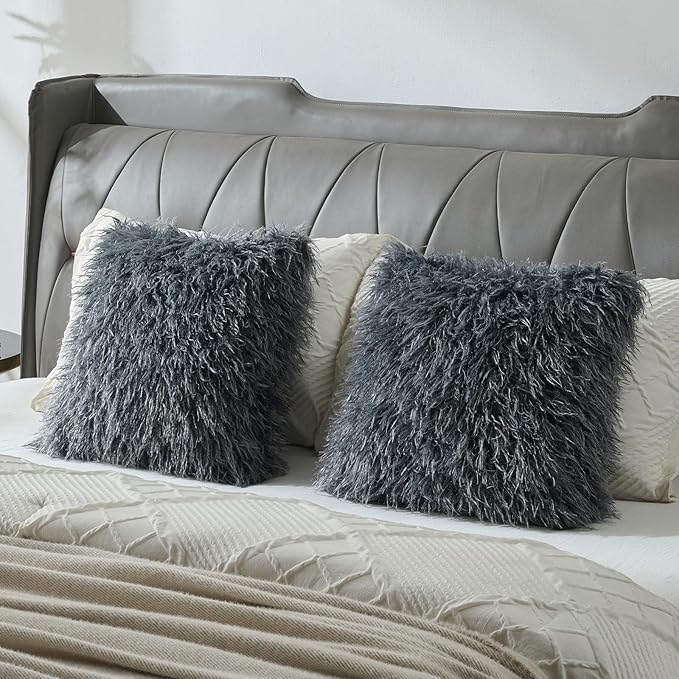 FUTEI Pack of 2 Shaggy Mongolian Faux Wool Throw Pillow Covers 18x18 Inch Soft Fluffy Farmhouse Decorative Cushion Case for Couch Bed Living Room, Dark Grey