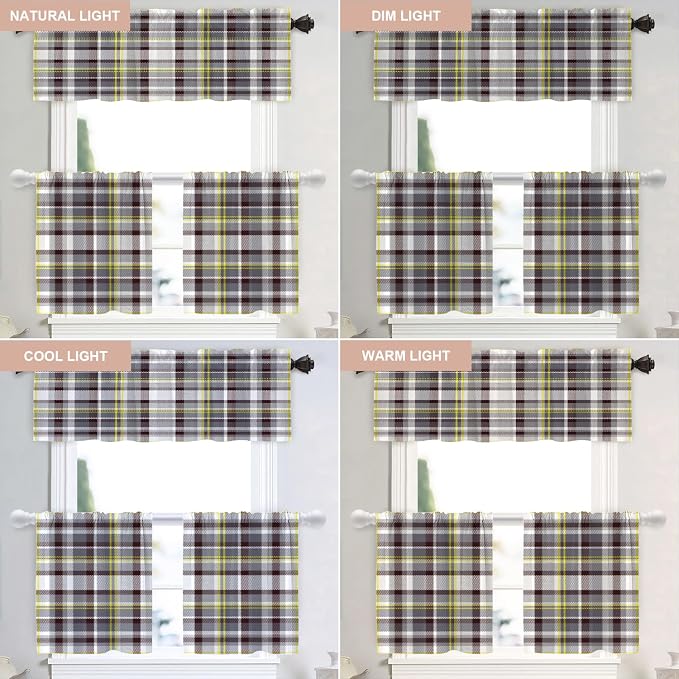Shrahala Grunge Vintage Art Plaid Blackout Curtain Tiers, Tartan Grey Kitchen Valance Light Blocking Tier Drapes with Rod Pocket, 2 Pack 26 X 24 in