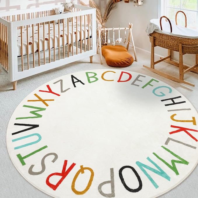 Topotdor Rainbow Round Kids Play Rug Alphabet Nursery Area Rug Extra Large Soft Crawling Play Mat for Children Toddlers Bedroom (96 inch, Multi Color)