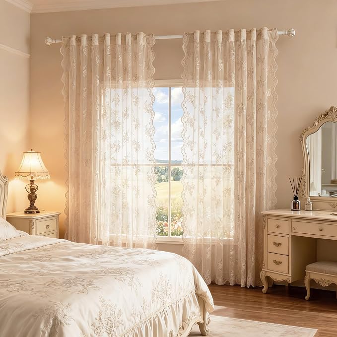 MEETSKY Beige Boho Lace Sheer Curtains 72 Inch Length 2 Panels Set Vintage Victorian French Floral for Bedroom Cabinet Light Filtering Cafe Farmhouse Style Rod Pocket Drapes, W50 Each Panel