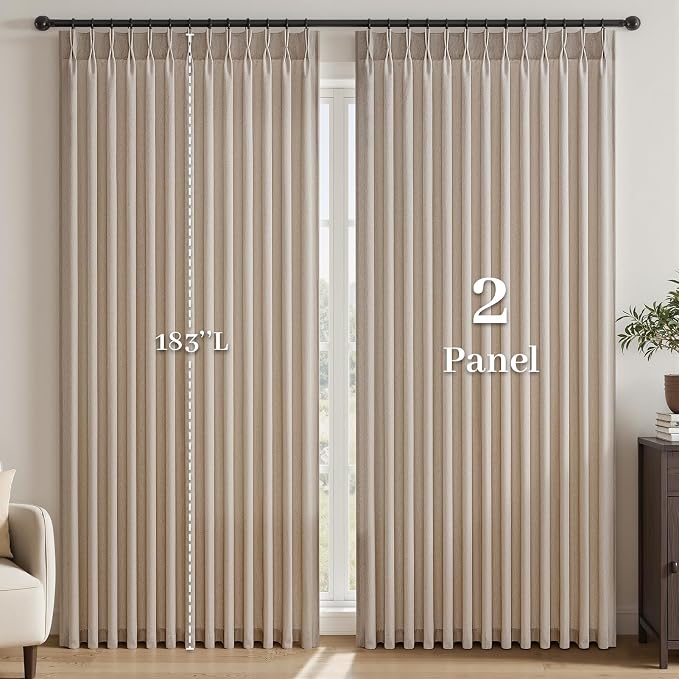96 Inches Long Pinch Pleated Semi Sheer Curtains,Natural Linen Blended Light Filtering Window Curtains 96 Length for Living Room Bedroom Pinch Pleat Drapes with Hooks 2 Panels 72" Wx96 L