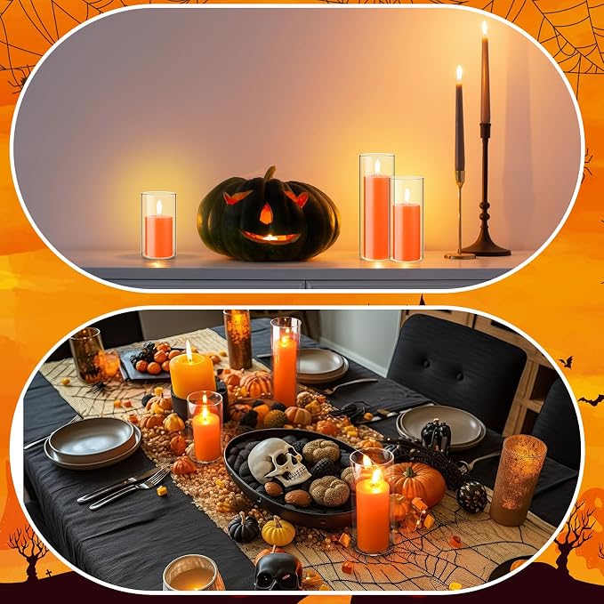 Shihanee Set of 3 Pillar Candles and 3 Glass Cylinder Candle Vases Holders Clear Pillar Jars for Wedding Centerpieces(2.6'' X 4.7'', 5.9'', 7.9'',Orange)