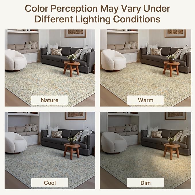 GENIMO 6x9 Area Rug for Living Room, Washable Vintage Floral Low-Pile Non-Slip Large Carpet for Bedroom Dining Room, Stain Resistant Botanical Indoor Rug (Beige)