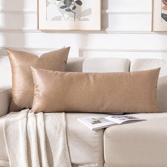 Fancy Homi Tan Boho Long Lumbar Faux Leather Body Decorative Throw Pillow Cover 12x40 Inch for Bedroom Couch Bed Sofa, Stylish Solid Rectangular Beige Pillowcase, Rustic Modern Farmhouse Room Decor