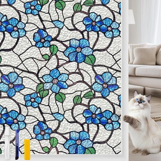 QHY Sunshine Privacy Window Film with Installation Tool Decorative Stained Glass Window Stickers Reusable Window Film (Indigo Waviness, 23.6 x 78.7)