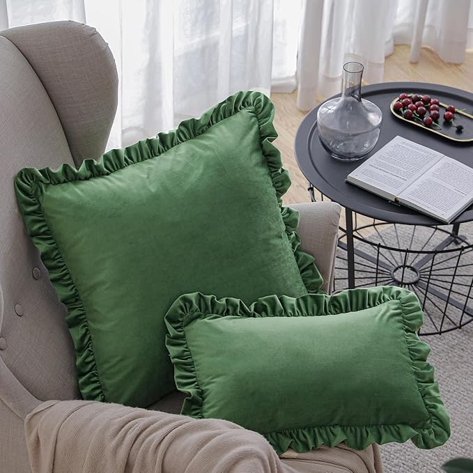patdrea Designer Vintage Throw Pillow Covers 22"x22",Soft Velvet Durable Lumbar Pillows Cover,Farmhouse Decorative Pillow for Bed Living Room Car Outdoor Set (2 Pack Olive Green Square)
