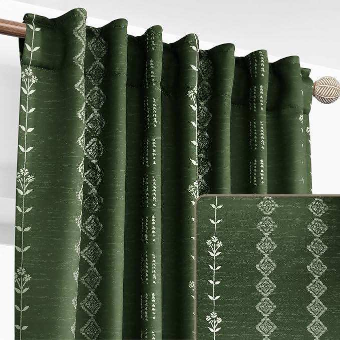 Lino Rosa Olive Green Patterned Black Out Curtains 96 Inch Long 2 Panel Set, Boho Thermal Insulated Blackout Heat Blocking Drapes for Summer Heat, Dark Moss