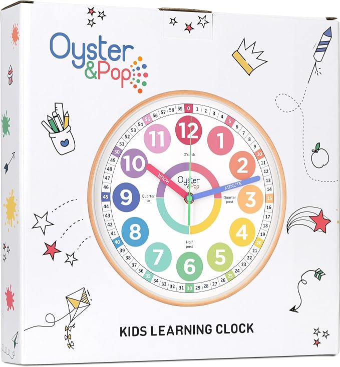 Oyster&Pop Kids Clock - Silent 10" Pastel Analog Learning Wall Clock - Award-Winning Telling Time Teaching Clock for Kids - Bedrooms Homeschool & Classrooms - Includes eBook