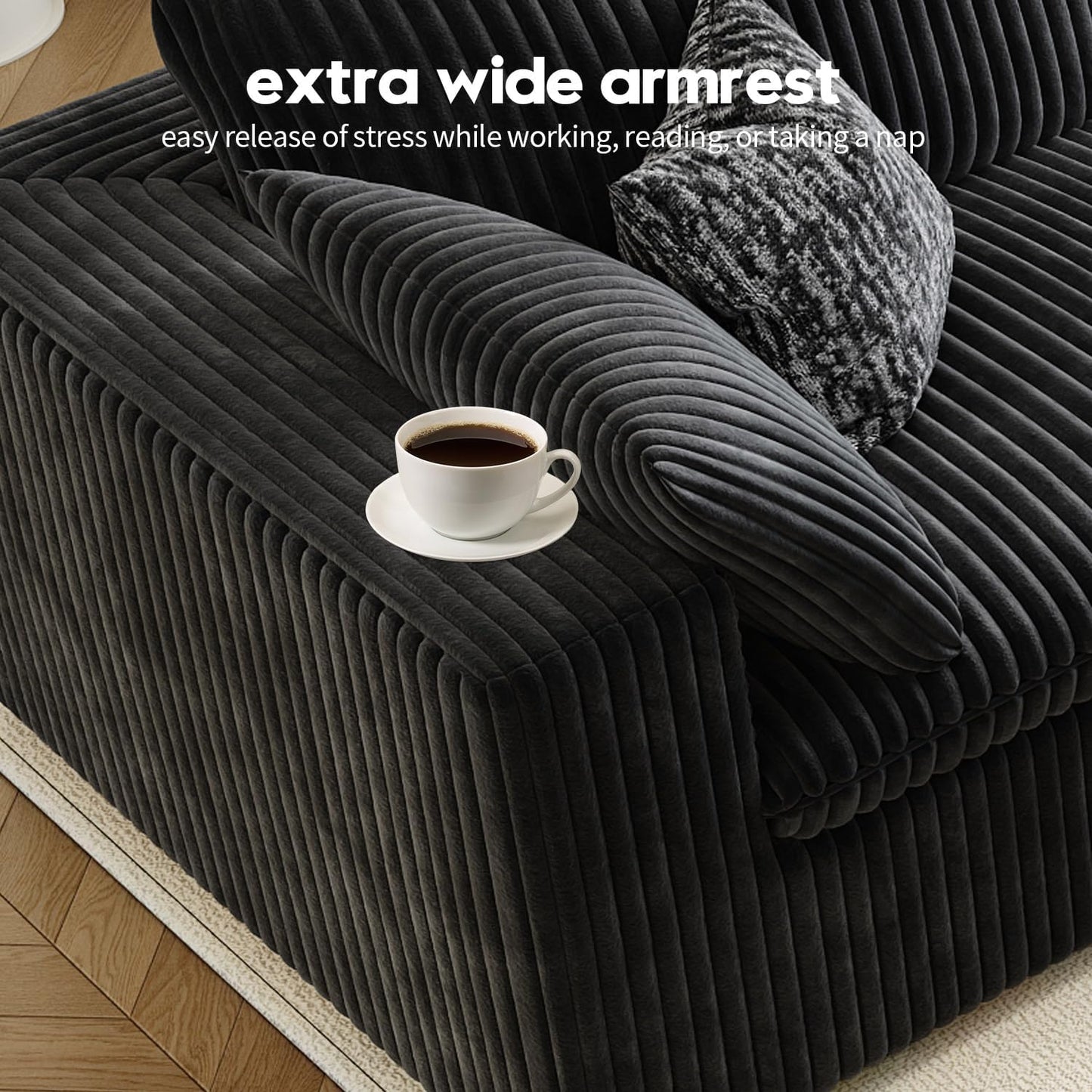 118" Cloud Couch Modular Sectional Sofa for Living Room,Modern Sofa with Deep Seat,3 Seater Boneless Couch,Comfy Upholstered Corduroy Couches for Apartment, Studio, Office,Bedroom,Black