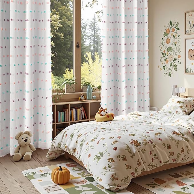 MYSKY HOME Total Blackout Curtains for Living Room 95 Inch Long 100% Light Blocking Curtains for Bedroom 2 Panels Set Privacy Protect Back Tab 2 Layered Drapes with Rainbow Pom Pom Sheer 52W x 95L