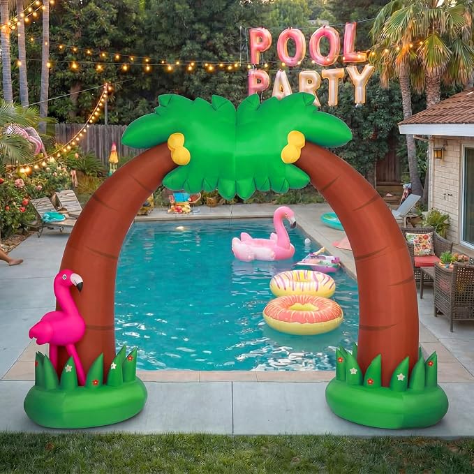 Shappy 9 ft Inflatable Palm Tree Arch Summer Inflatable Outdoor Decor with Flamingo LED Lighted Blow up Palm Tree for Beach Luau Hawaiian Tropical Birthday Pool Party Yard Lawn Garden Decoration