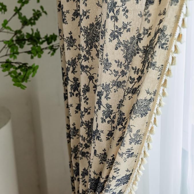OYX Boho Blue Floral Curtains 63 Inch, Linen Farmhouse Toile Rose Drapes with Tassels, Light Filtering Semi Sheer Curtains for Living Room Bedroom, 2 Panels, Rod Pocket, 52Wx63L