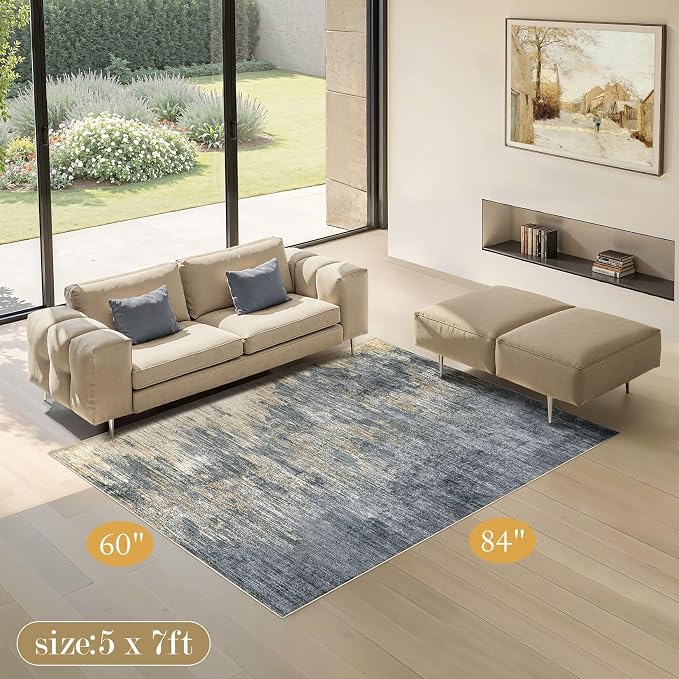 Area Rugs 5x7 Living Room: Washable Large Abstract Modern Neutral Soft Rug Stain Resistant Non-Slip Backing Carpet for Bedroom Dining Room Indoor Nursery Dorm Home Office Decor - Blue Gold