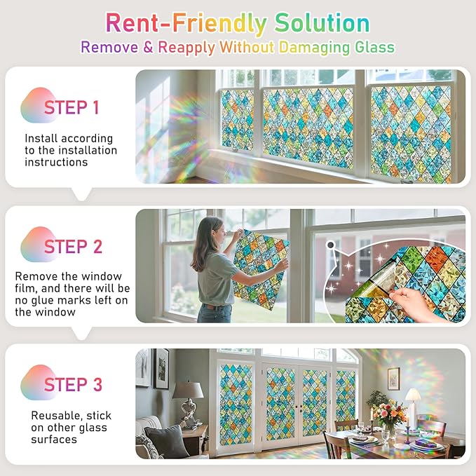 Sunbaby Window Privacy Film Stained Glass Decorative Rainbow Window Cling 3D Static Clings Colorful for Home Decoration, Anti-UV & Heat Control Non-Adhesive (35.4"x78.7")
