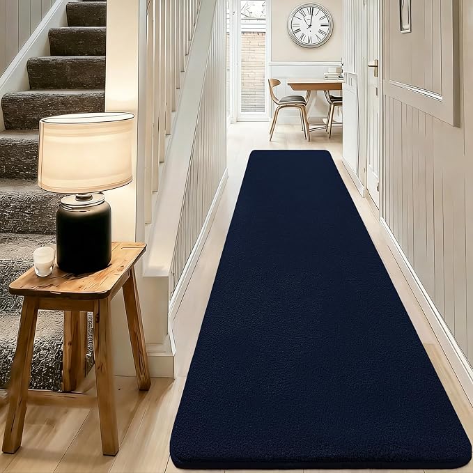 qulint Modern Carpet Runners for Hallway 8ft, Navy Blue Non Slip Kitchen Runner Rugs 2x8 Soft Thickened Memory-Foam Indoor Washable Rug, Minimalist Solid Carpet for Bedroom Living Room Home Decor