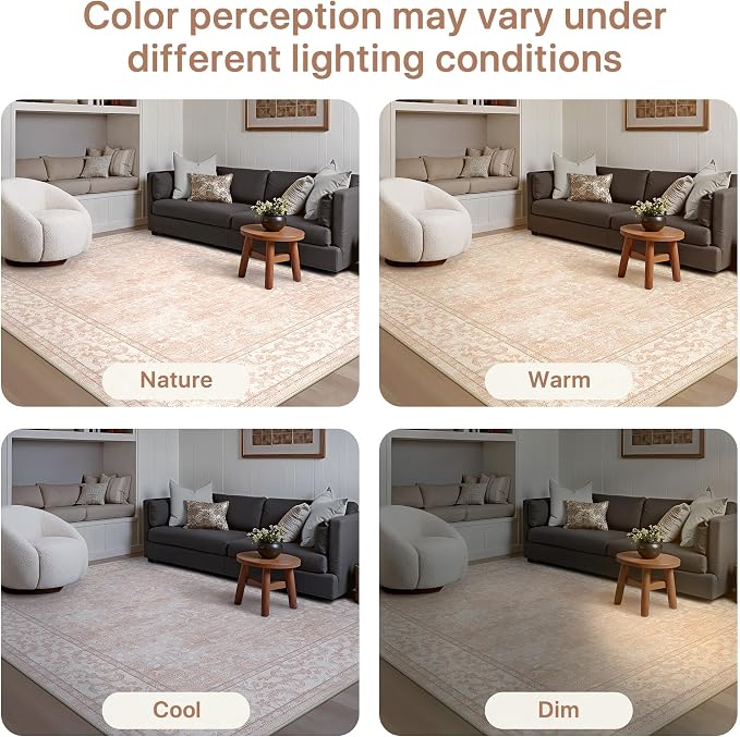 GENIMO 5x7 Washable Area Rugs for Living Room, Non Slip, Pink White | Vintage Boho Floral Low Pile Thin Carpet for Bedroom, Dining Room, Nursery, Indoor Decor